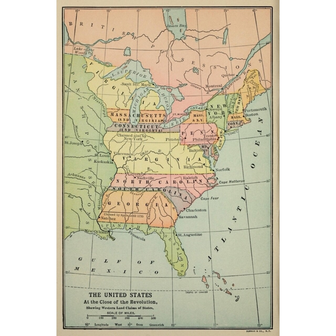 Map Of Eastern North America In 1783. Some Eastern States Boundaries Extend From The Atlantic Ocean To The Mississippi